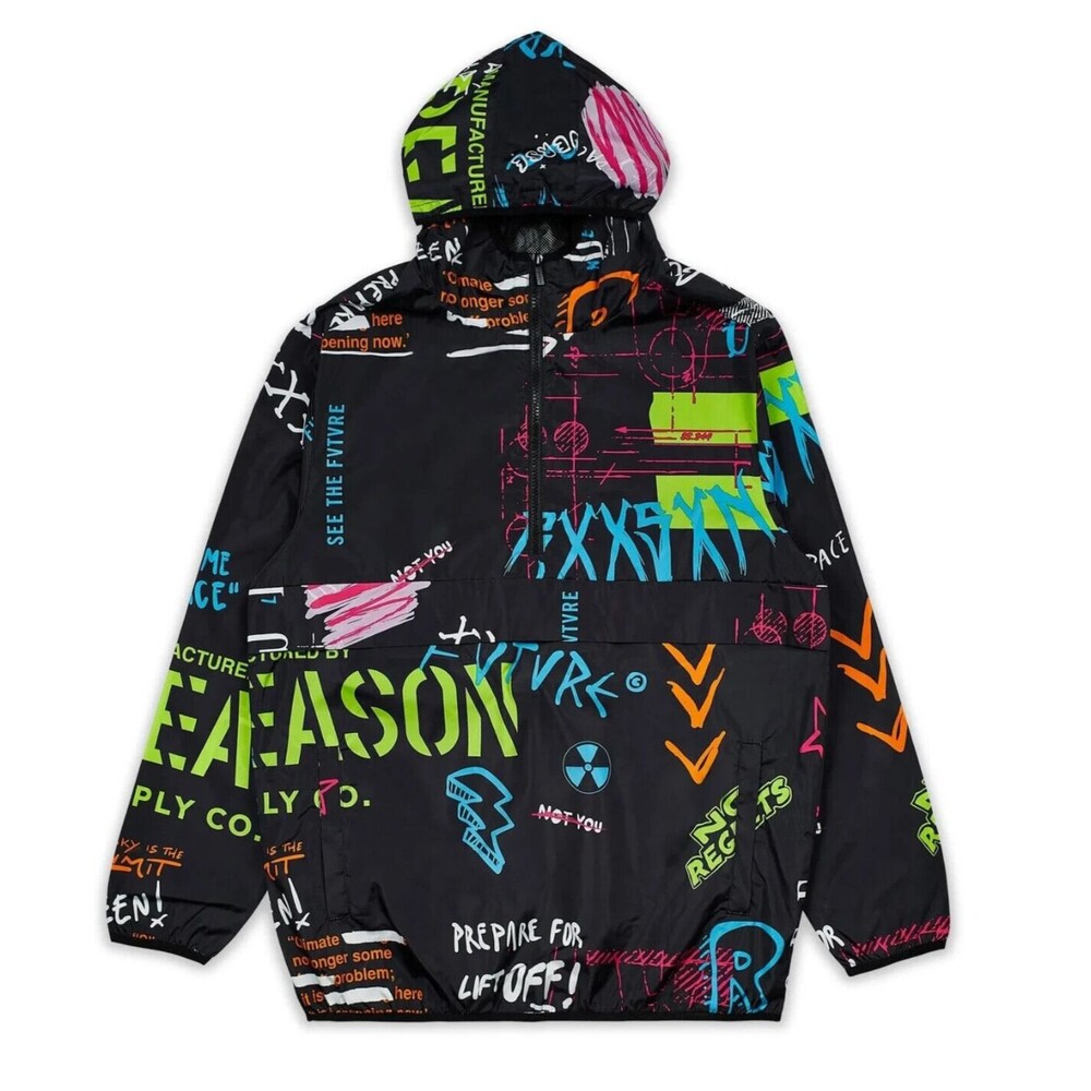 Reason Men’s Allover Print Space Graffiti  Half-Zip Anorak Hooded Jacket Size L